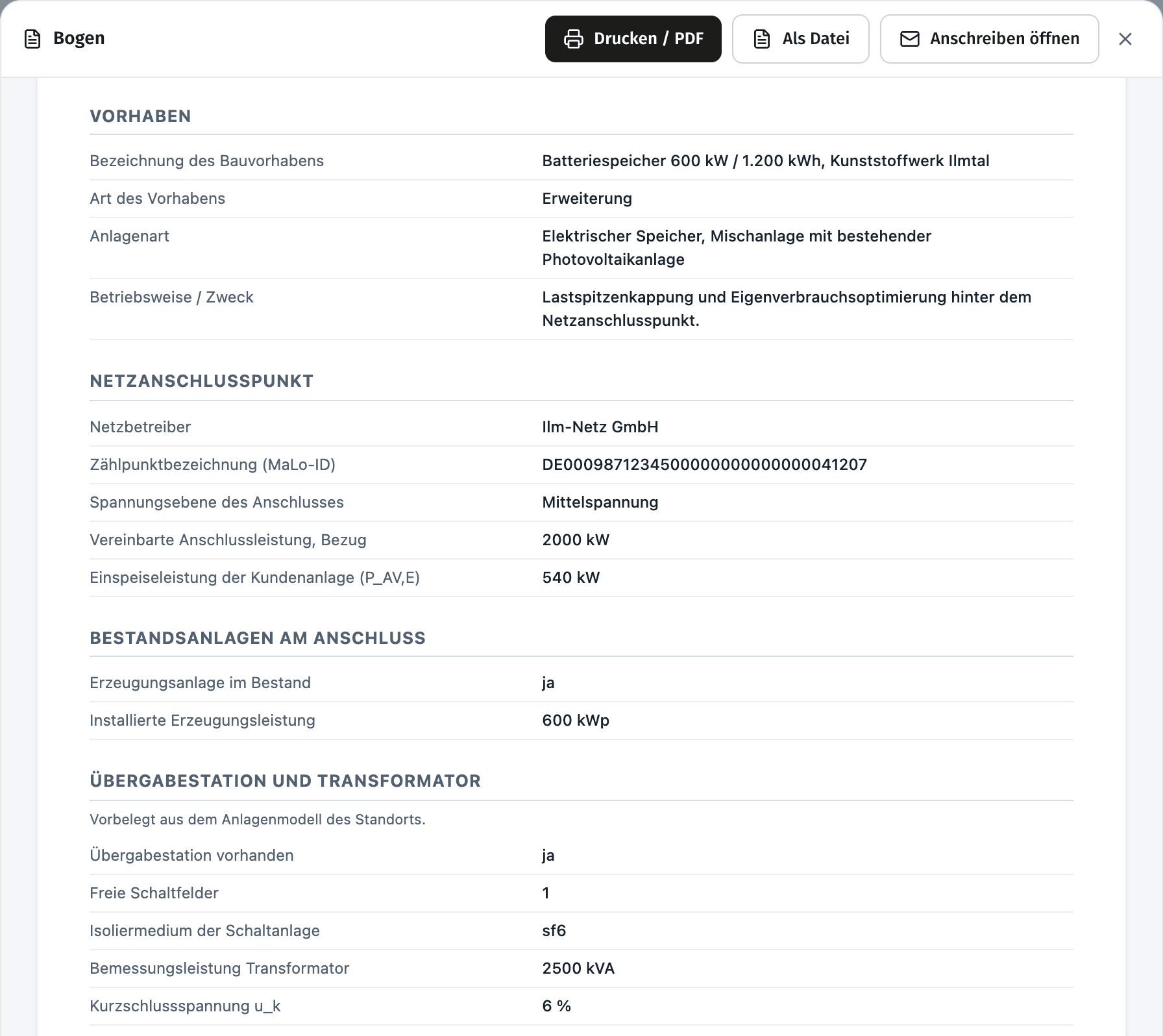 Technische Angaben im vorausgefüllten Netzantrag, Beispieldaten