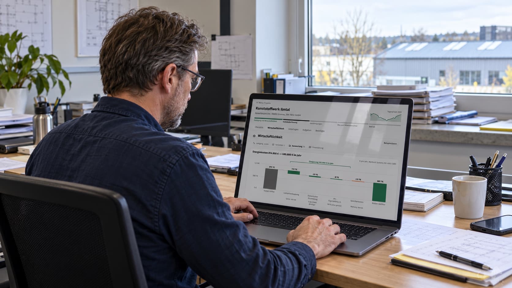 Project planner using BESSPLAN on a laptop in the office. AI-generated illustration.