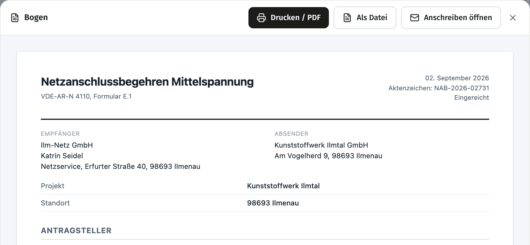 Vorbereitetes Netzanschlussformular mit ausgefüllten Angaben eines Beispielprojekts
